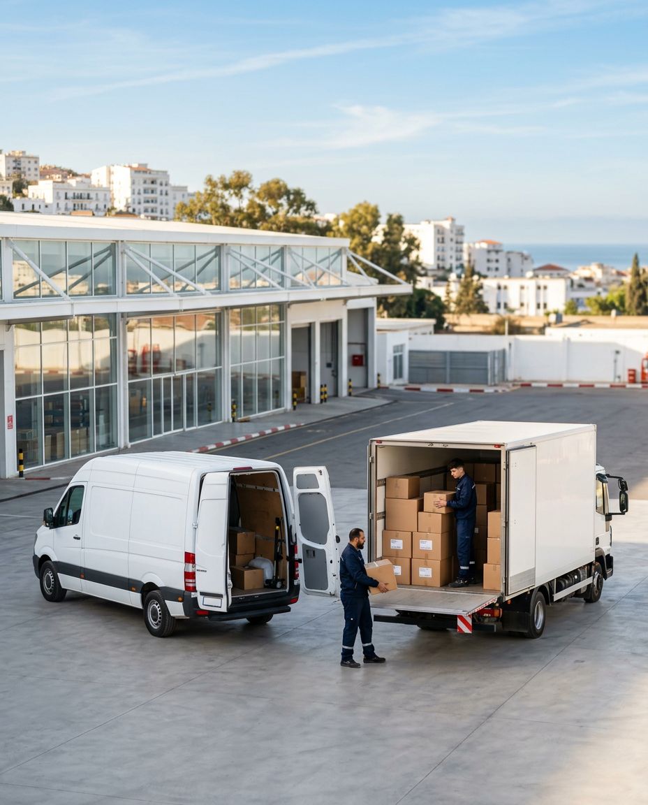 Un fourgon et un camion chargés de cartons devant un entrepôt